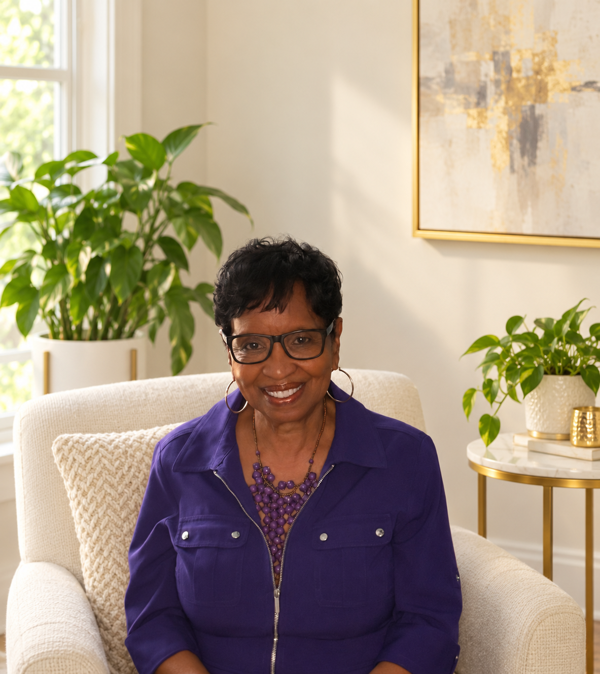 Carole Peaks Cheatam wearing purple in her office